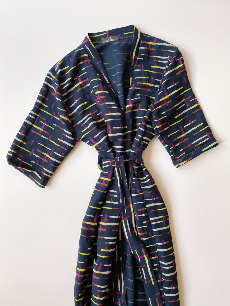 Loungewear robe / linen - midnight stripes