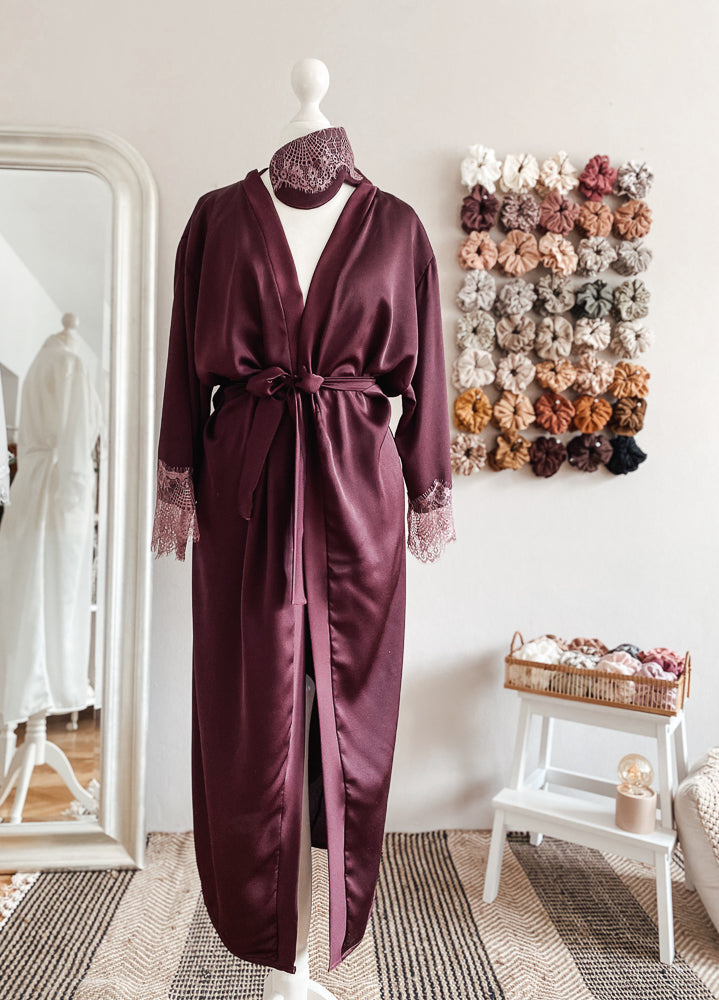 
                      
                        Satin + lace robe / eggplant
                      
                    