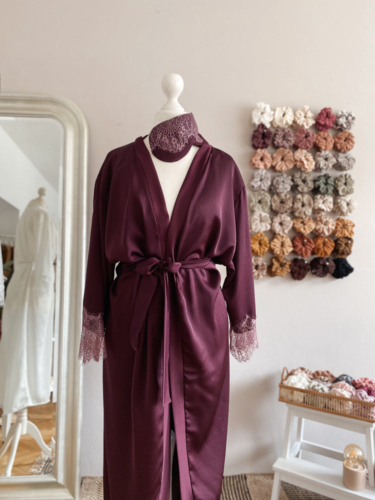 
                      
                        Satin + lace robe / eggplant
                      
                    