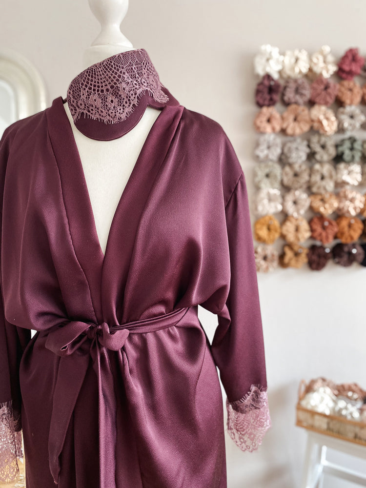 
                      
                        Satin + lace robe / eggplant
                      
                    