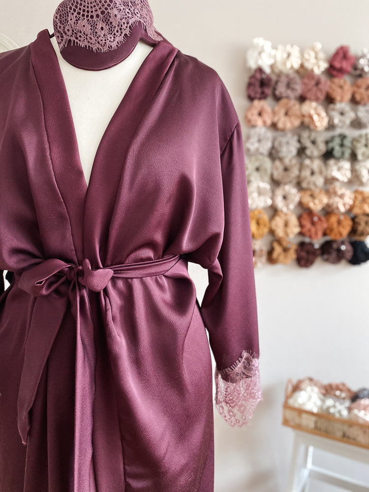 
                      
                        Satin + lace robe / eggplant
                      
                    