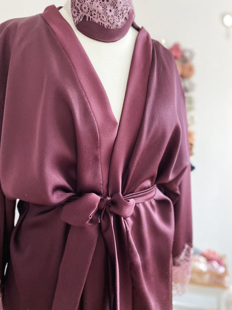 
                      
                        Satin + lace robe / eggplant
                      
                    