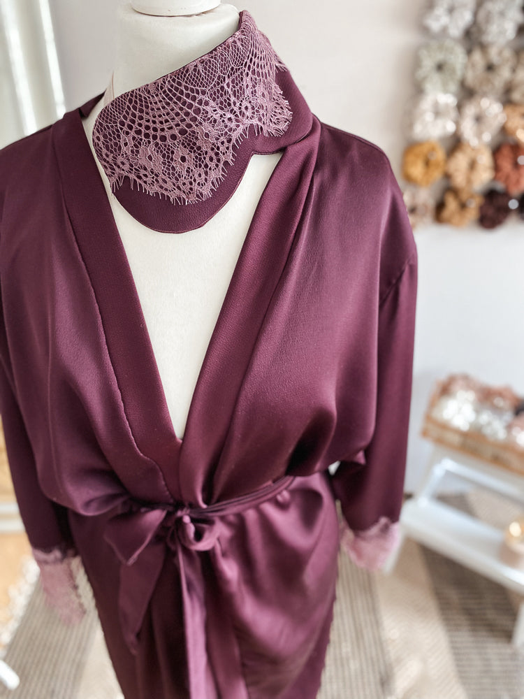 
                      
                        Satin + lace robe / eggplant
                      
                    