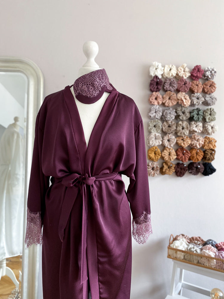 
                      
                        Satin + lace robe / eggplant
                      
                    