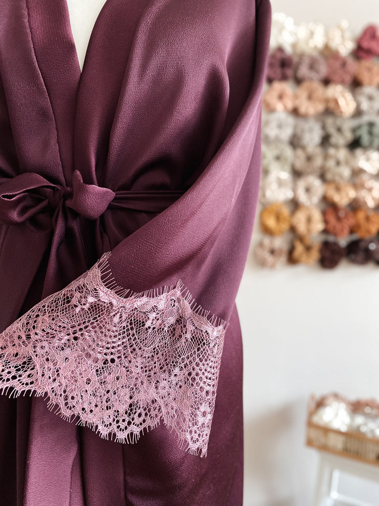 
                      
                        Satin + lace robe / eggplant
                      
                    