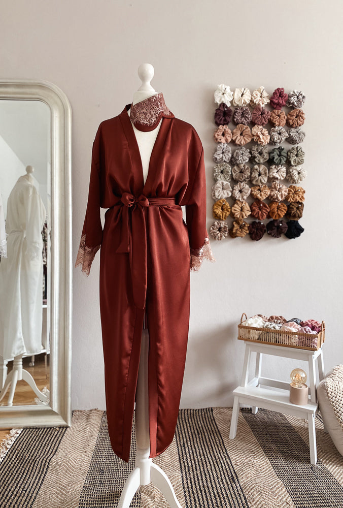 Satin + lace robe / terracotta