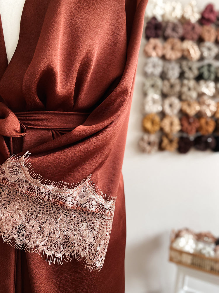 Satin + lace robe / terracotta