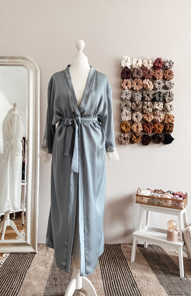 Satin + lace robe / stone blue