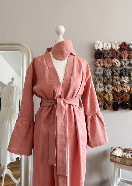 Linen ruffle robe / pink