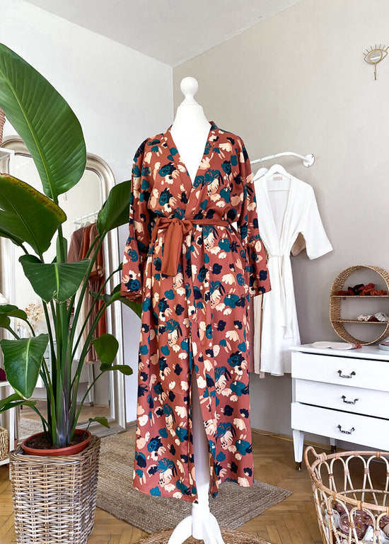 Floral terra cotta ruffle robe