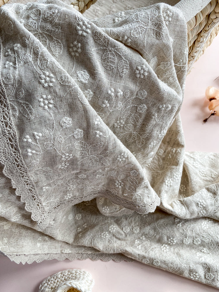 Linen swaddle blanket / embroidered floral