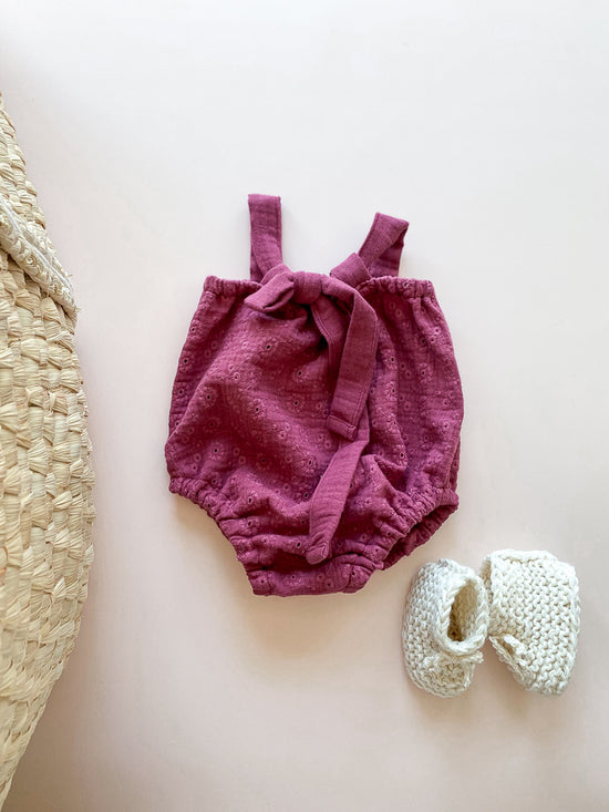 Sophie embroidered muslin romper / raspberry