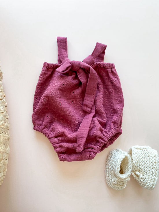 Sophie embroidered muslin romper / raspberry