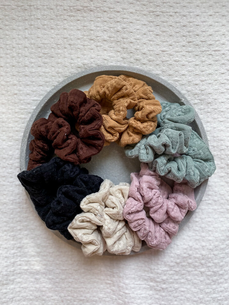 Floral embroidered muslin scrunchies