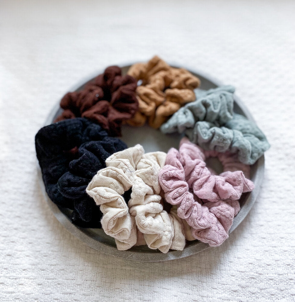 Floral embroidered muslin scrunchies