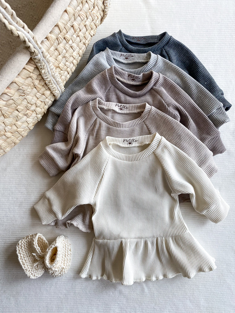 
                      
                        Girly ruffle dress / light grey waffle
                      
                    