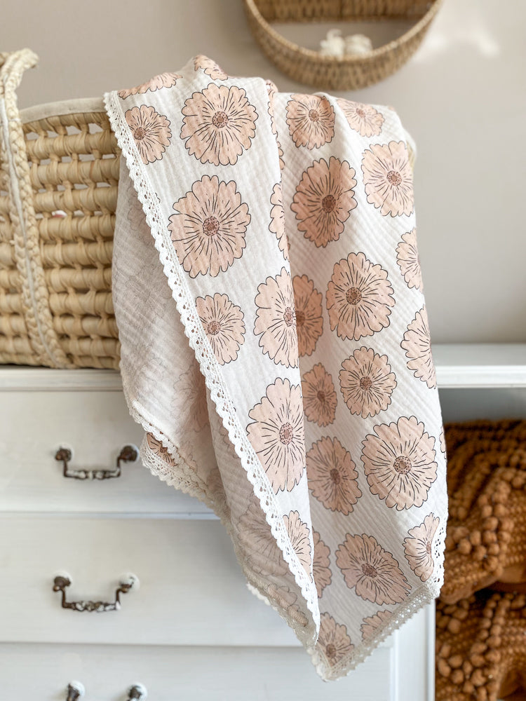 Muslin swaddle / caramel flowers + lace