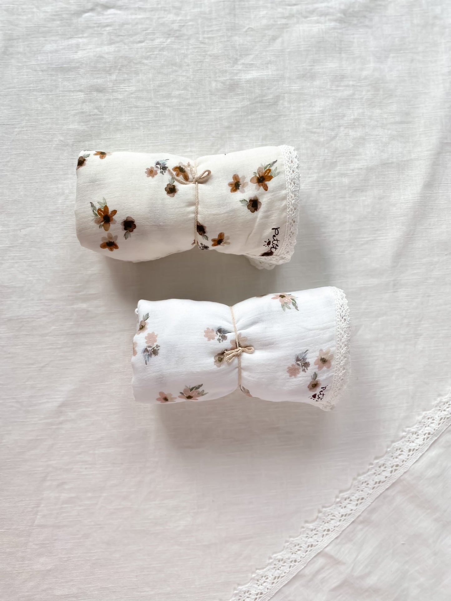 Baby swaddle / floral muslin + lace